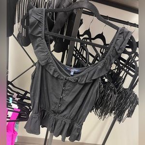 Black Ruffled Off the Shoulder Tank Top